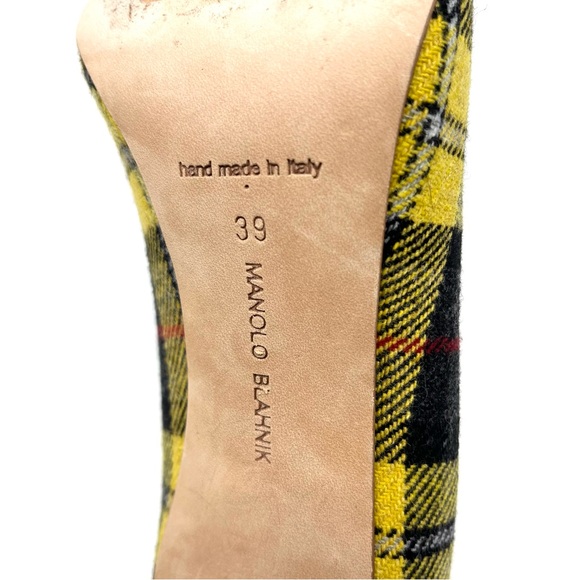 Manolo Blahnik BB Yellow Black Plaid Tartan Pointed Toe Heels Pumps Shoes 39 9 - Picture 8 of 10